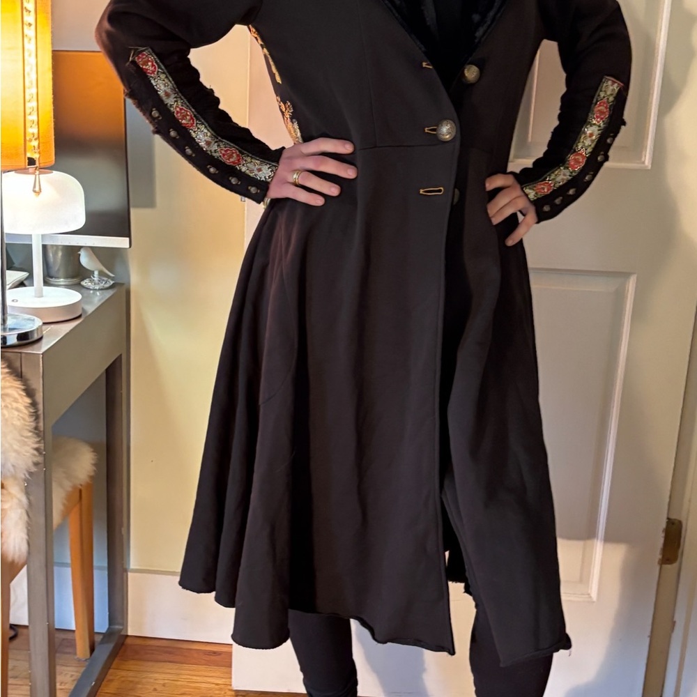 Vintage Military Inspired Long Coat with Velvet Trim and Brocade Embroidery
